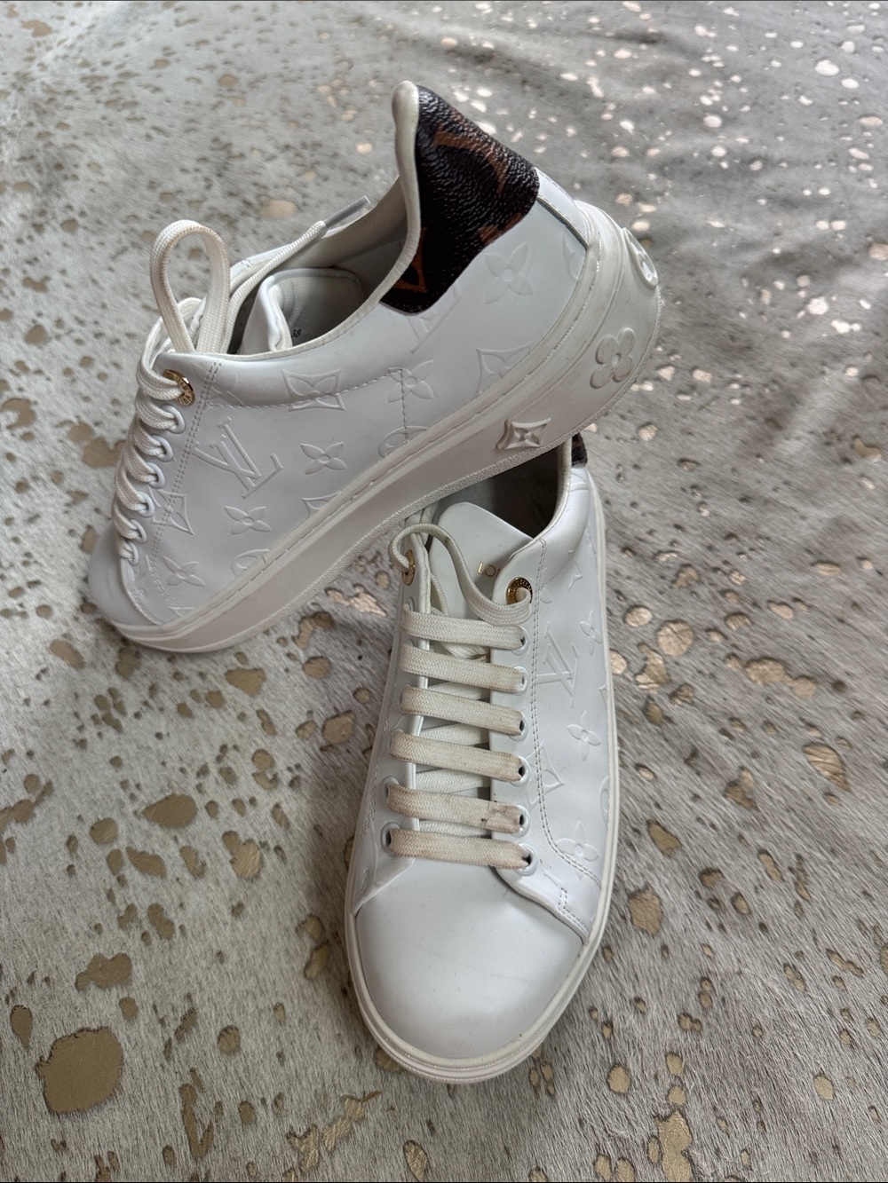 White Leather Monogram Sneakers with Brown Monogram Heel